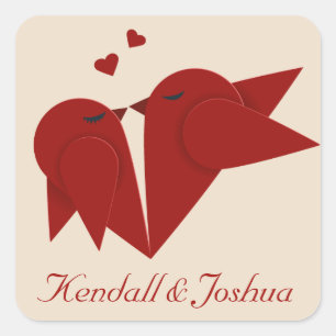 Red Lovebirds Wedding Personalised Pink Love Square Sticker