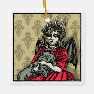 Red Lucia and Cat - Pop Goth Holiday Ceramic Ornament