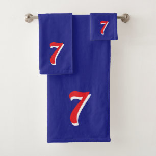Red Lucky Number Seven on Blue Bath Towel Set