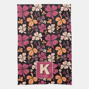 Red Lucky Shamrock Clover Pattern Monogrammed Tea Towel