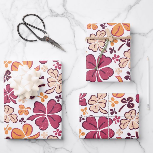 Red Lucky Shamrocks Clover St. Patrick`s Day Wrapping Paper Sheet (Front)