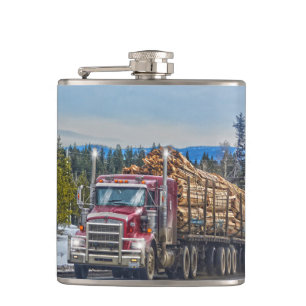 Red Lumber Truck & Highway for Lorry-lovers Hip Flask