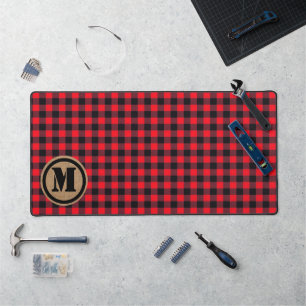 Red Lumberjack Buffalo Plaid and Burlap Monogram Desk Mat