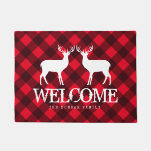 Red lumberjack buffalo plaid deer custom welcome doormat