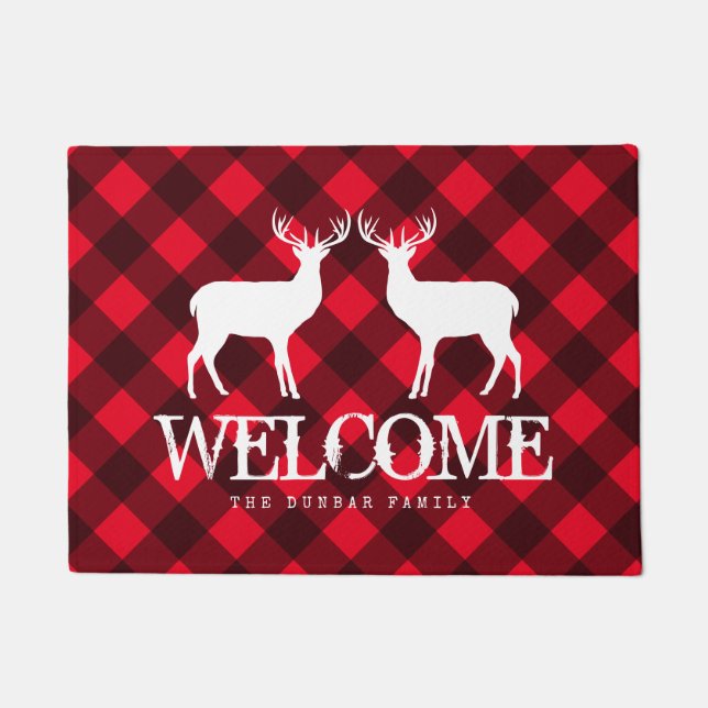 Red lumberjack buffalo plaid deer custom welcome doormat (Front)