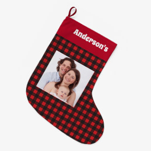 Red Lumberjack Pattern Family Photo Name Large Christmas Stocking