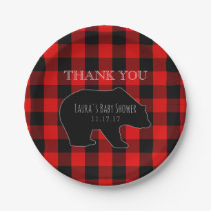 Red Lumberjack Plaid   Woodland Boy Baby Shower Paper Plate