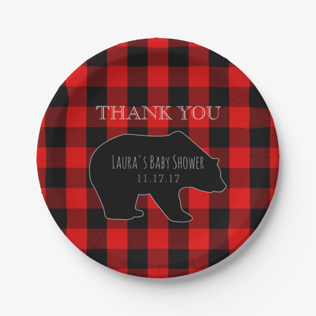 Red Lumberjack Plaid | Woodland Boy Baby Shower Paper Plate (Front)