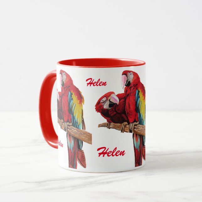 Red Macaw Parrot Bird Ladies Name Watercolor Mug (Front Left)