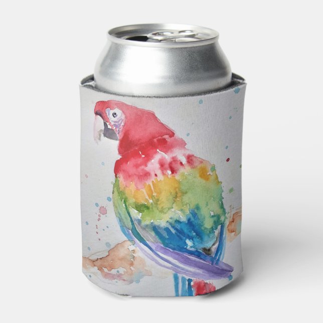 Red Macaw parrot Bird Watercolour Art Design Can Cooler (Can Front)