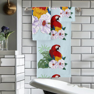 Red Macaw Parrot Tropical White Hibiscus Floral  Bath Towel Set