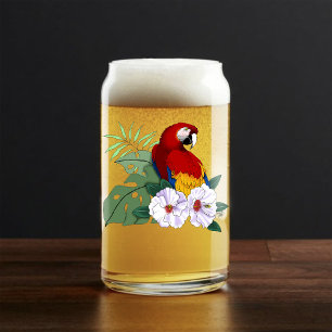 Red Macaw Parrot Tropical White Hibiscus Floral  Can Glass