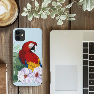 Red Macaw Parrot Tropical White Hibiscus Floral  iPhone 11 Case