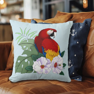 Red Macaw Parrot Tropical White Hibiscus Floral  Cushion