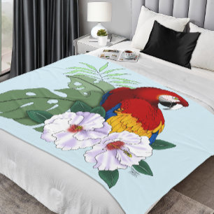 Red Macaw Parrot Tropical White Hibiscus Floral  Fleece Blanket