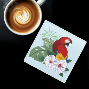 Red Macaw Parrot Tropical White Hibiscus Floral  Glass Coaster