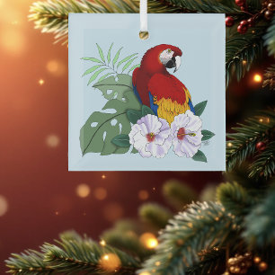 Red Macaw Parrot Tropical White Hibiscus Floral Glass Tree Decoration