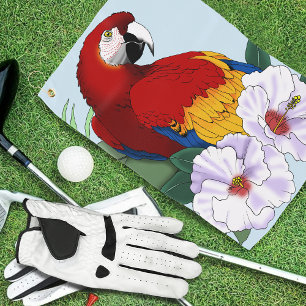 Red Macaw Parrot Tropical White Hibiscus Floral Golf Towel