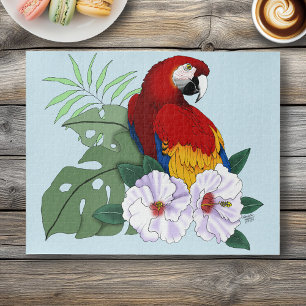 Red Macaw Parrot Tropical White Hibiscus Floral  Jigsaw Puzzle