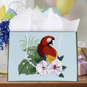Red Macaw Parrot Tropical White Hibiscus Floral  Large Gift Bag