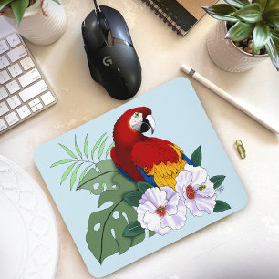 Red Macaw Parrot Tropical White Hibiscus Floral Mouse Mat
