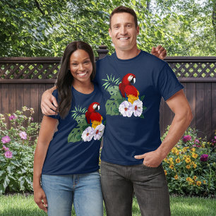 Red Macaw Parrot Tropical White Hibiscus Floral  T-Shirt