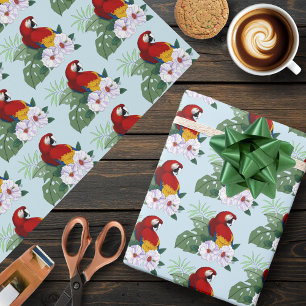 Red Macaw Parrot Tropical White Hibiscus Floral  Wrapping Paper