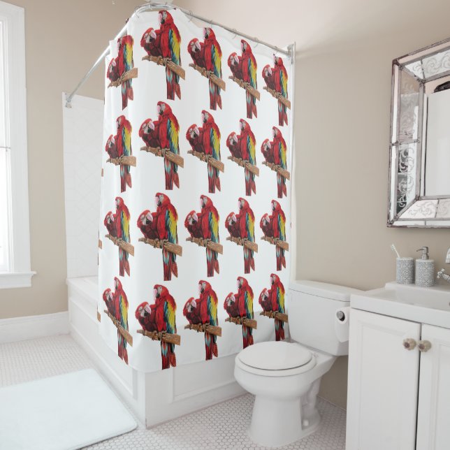 Red Macaw Parrot Watercolor Art Shower Curtain (In Situ)