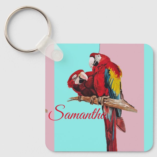 Red Macaw Parrot Watercolor Girls Name Key Ring (Front)