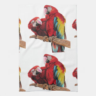 Red Macaw Parrots Macaws Watercolour Kitchen  Tea Towel