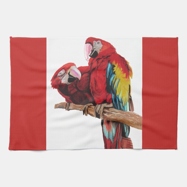 Red Macaw Parrots Parrot Bird Watercolour Kitchen  Tea Towel (Horizontal)