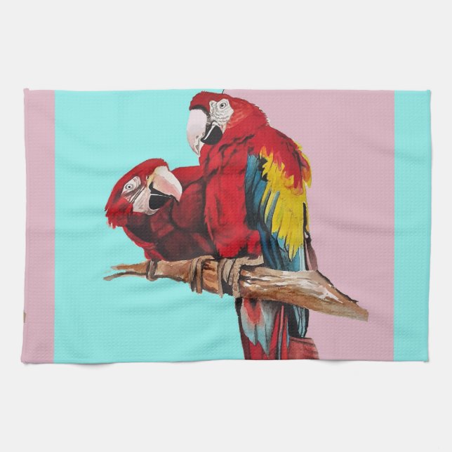 Red Macaw Parrots Watercolour Kitchen Aqua Pink Tea Towel (Horizontal)