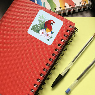 Red Macaw Tropical Bird Floral Parrot Square Sticker