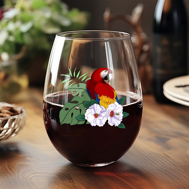 Red Macaw Tropical Bird Floral Parrot Stemless Wine Glass (Creator Uploaded)