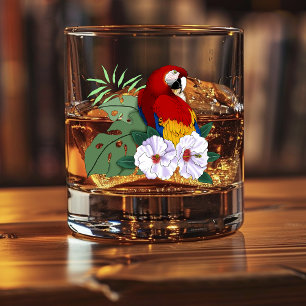 Red Macaw Tropical Bird Floral Parrot Whiskey Glass