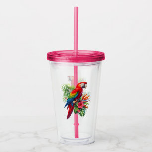 Red macaw tropical floral acrylic tumbler