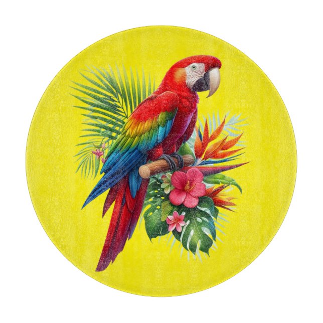 Red macaw tropical floral cutting board (Front)
