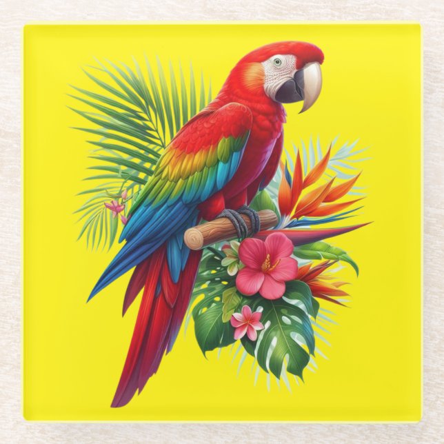 Red macaw tropical floral glass coaster (Front)