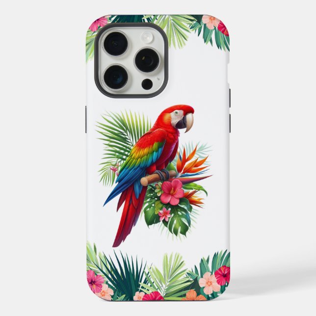 Red macaw tropical floral iPhone case (Back)