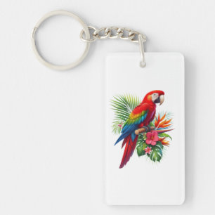 Red macaw tropical floral key ring