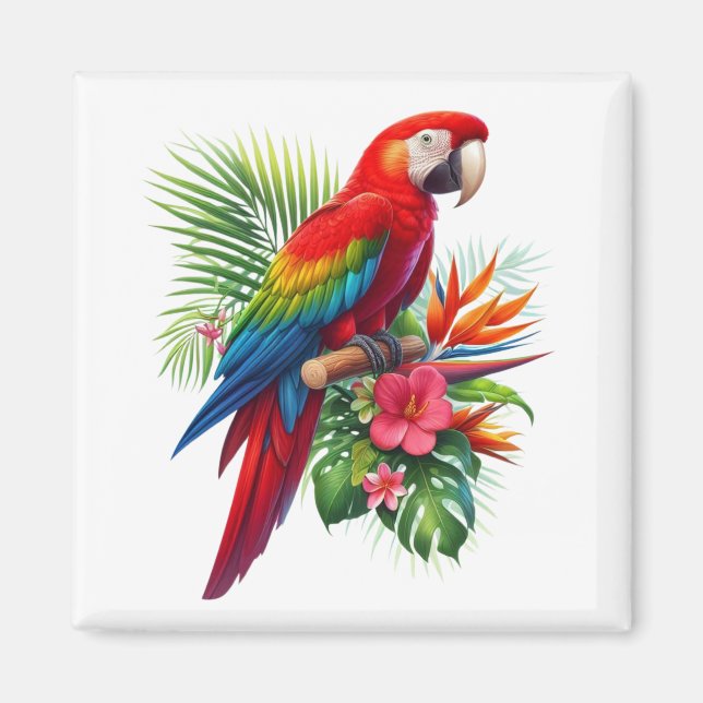 Red macaw tropical floral magnet (Front)