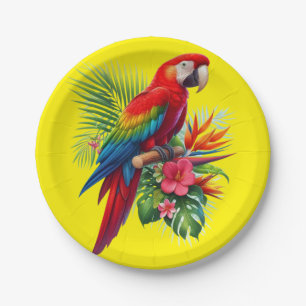Red macaw tropical floral paper plate