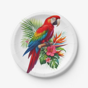 Red macaw tropical floral paper plate