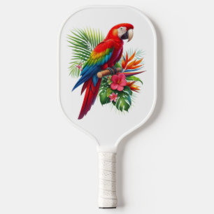 Red macaw tropical floral pickleball paddle