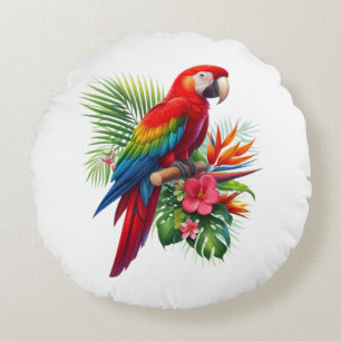 Red macaw tropical floral round cushion