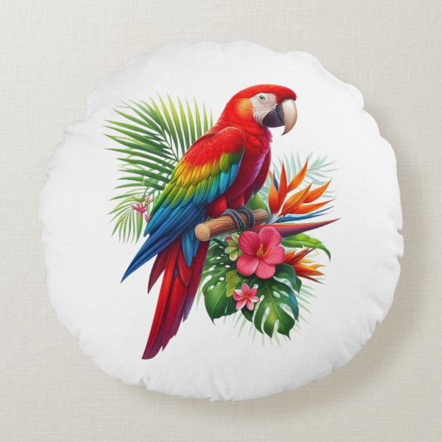 Red macaw tropical floral round cushion (Front)