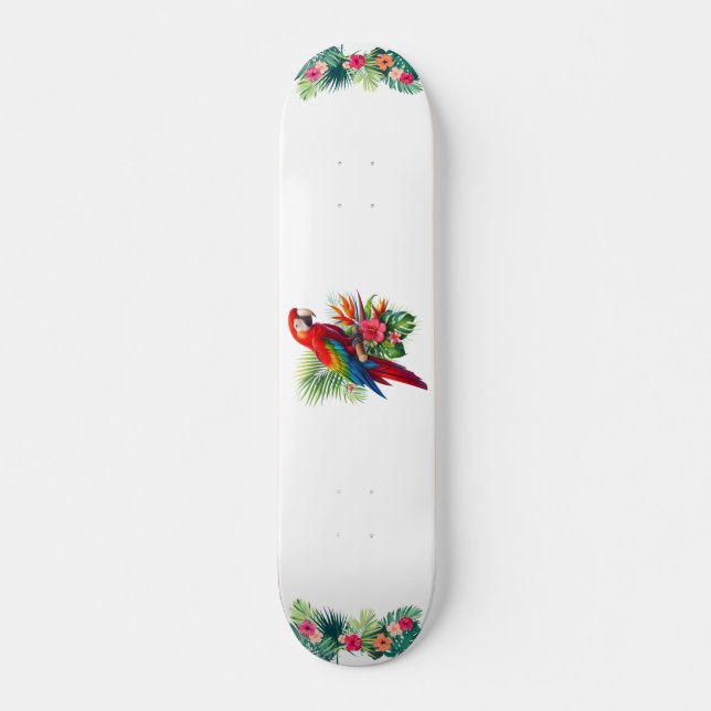 Red macaw tropical floral skateboard (Front)
