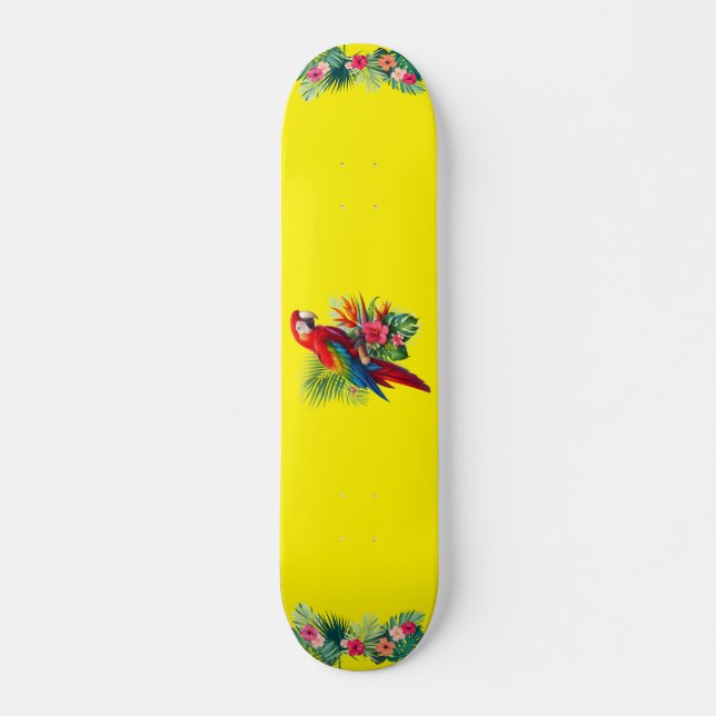 Red macaw tropical floral skateboard (Front)