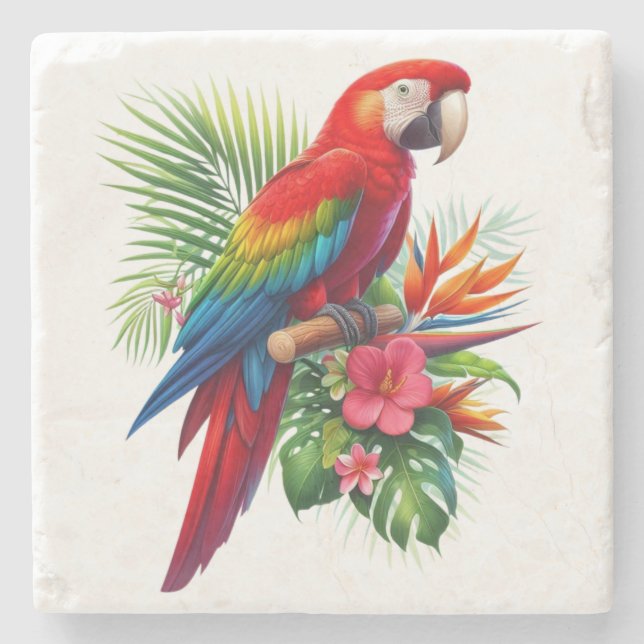 Red macaw tropical floral stone coaster (Front)