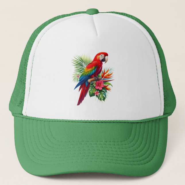 Red macaw tropical floral trucker hat (Front)